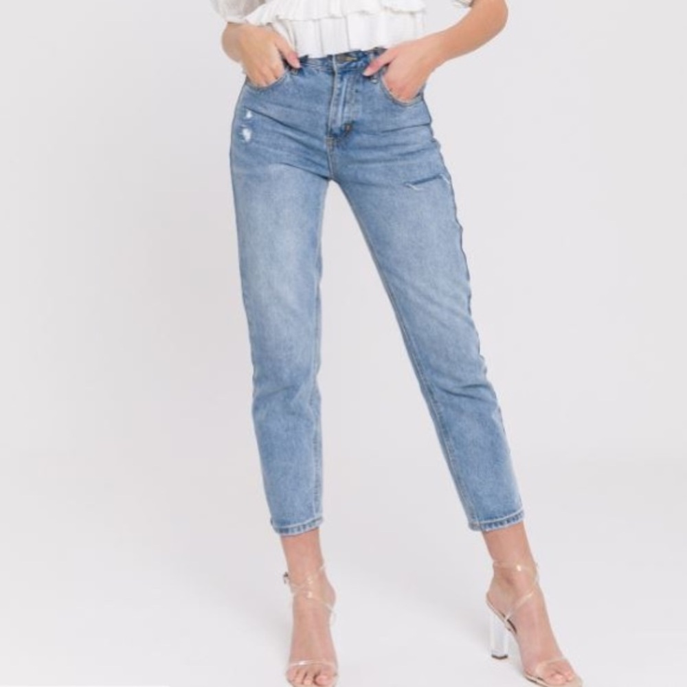 Anthropologie English Factory Destroyed Light-Wash High-Rise Mom Jeans Size 25